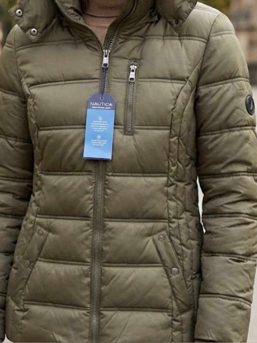 Nautica Olive Green Quilted Hooded Puffer Jacket